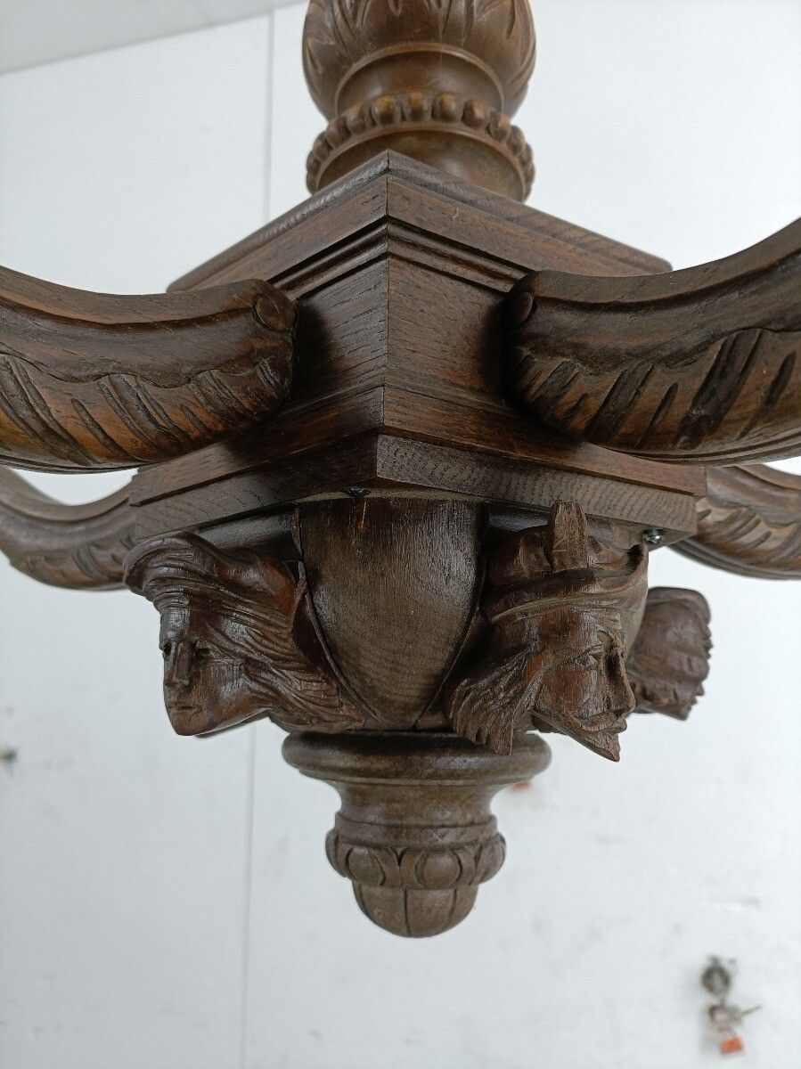 Gorgeous Hand Carved Wooden Breton Chandelier Faces Sculptures 5 Arm Lights Vint photo buy