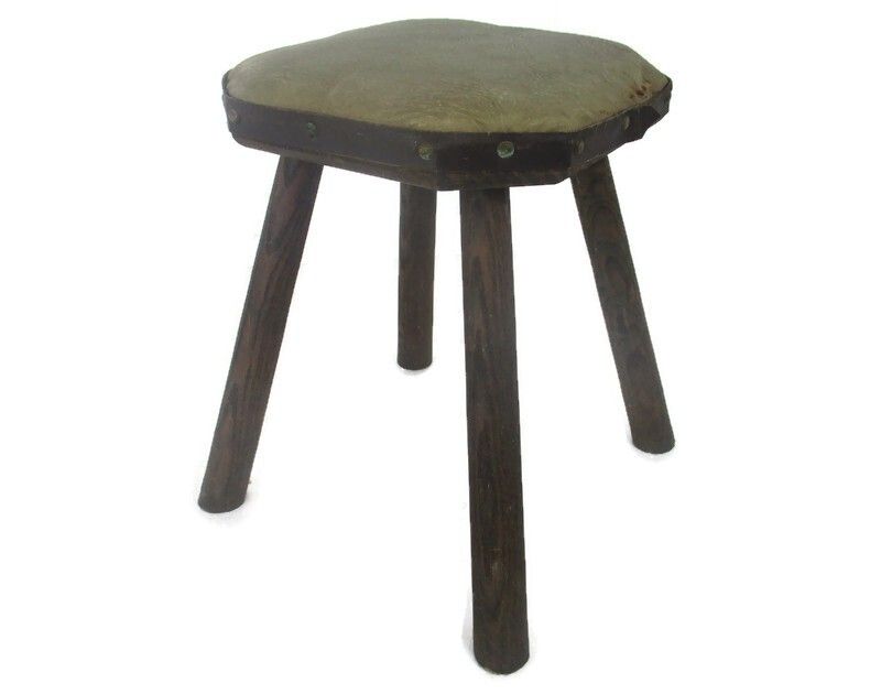 Antique Hand Carved Wood  Milking Stool Pedestal  Hide Top Hobnails French