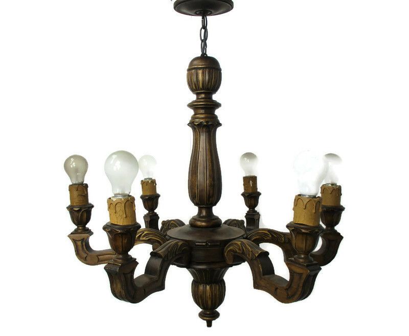 Hand Carved Wooden Chandelier Ornate  6 Arm Lights Country Farmhouse Barn Style
