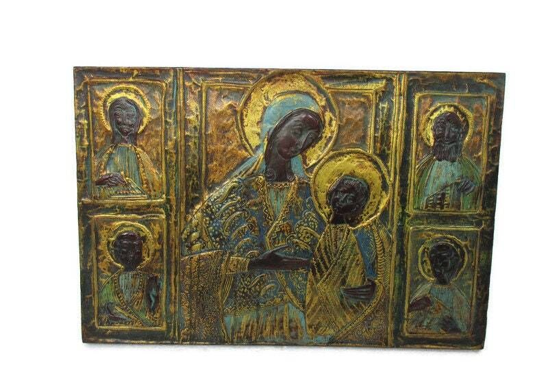 Large Ornate Icon Hand Painted Florentine Wood Madonna E Santi Virgin Infant Chi