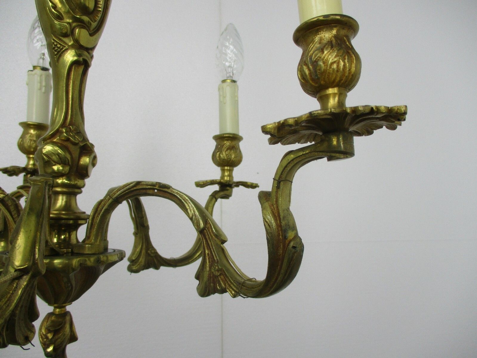 French Chandelier 5 Arms Lights Brass  Hollywood Regency Ornate Etched Brass photo Lighting