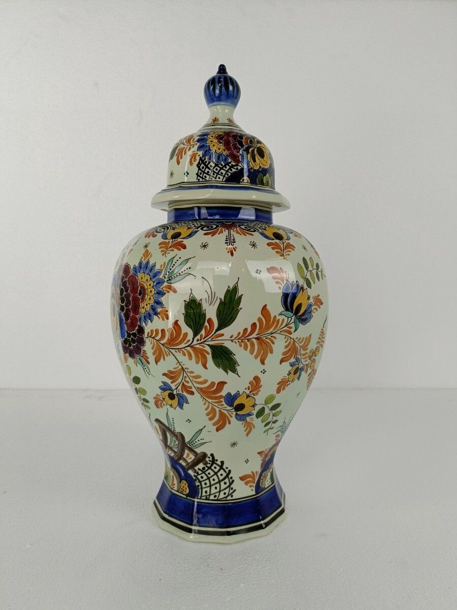 Polychrome Delft  Vase Urn Marked  Foo Dog  Porcelain Ceramic Hand Painted Vinta photo for sale