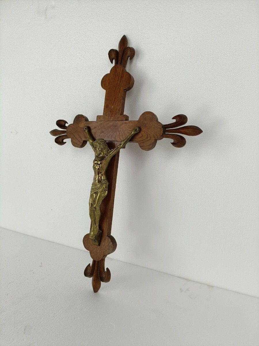 Xl Hand Carved Wood French Hanging Ornate Crucifix Jesus Christ Fleur De Lis Spe photo furniture