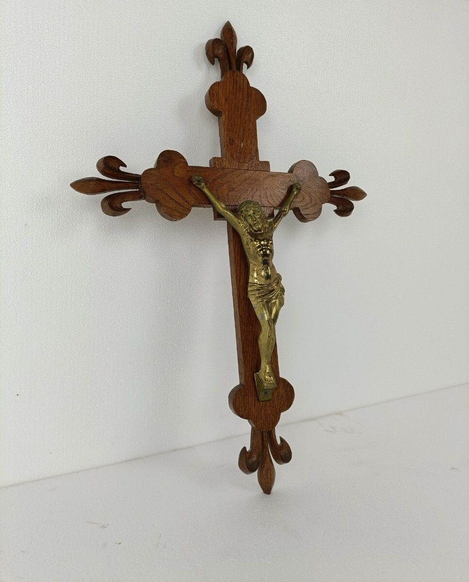 Xl Hand Carved Wood French Hanging Ornate Crucifix Jesus Christ Fleur De Lis Spe photo for sale