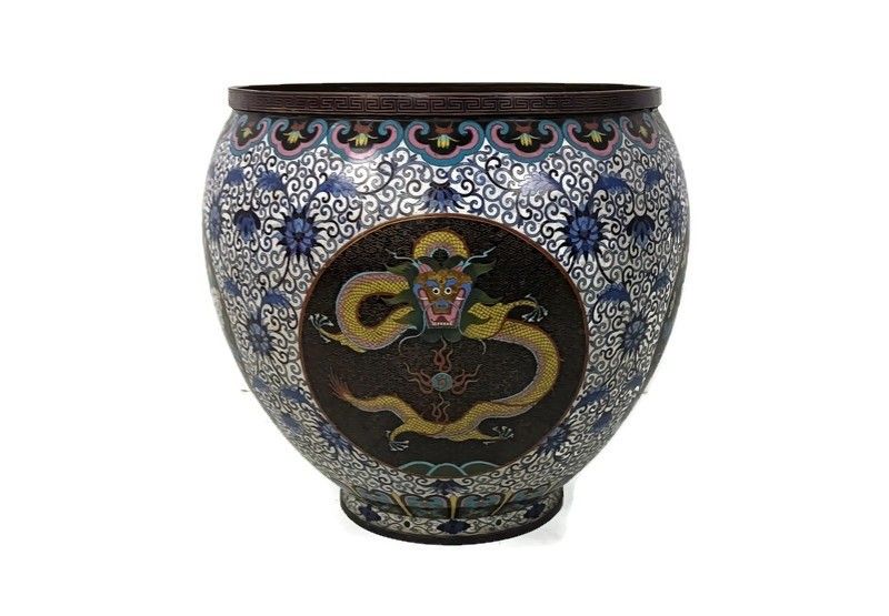 Antique Large Indoor Planter Chinese Cloisonné Bronze Urn Cache Pot Dragon
