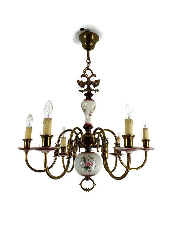 Flemish  Chandelier Style 6 Arm Lights Porcelain Flower Pattern Country  Barn St