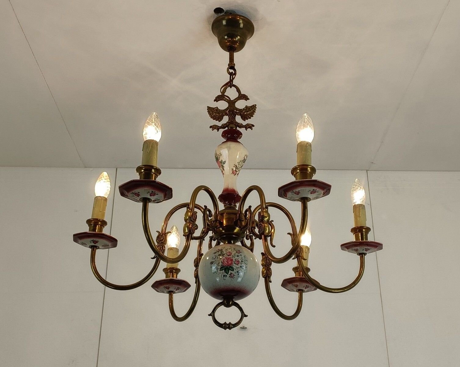 Flemish  Chandelier Style 6 Arm Lights Porcelain Flower Pattern Country  Barn St photo furniture