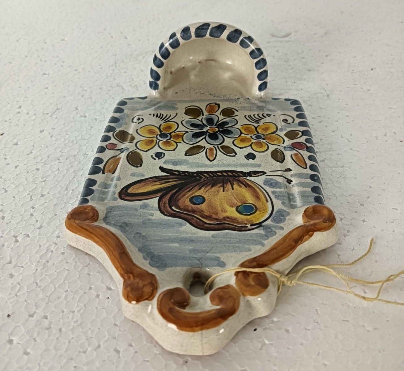 Vintage Polychrome Marife Holy Water Font Vessel Ceramic Butterfly Lovely Hand P photo for sale