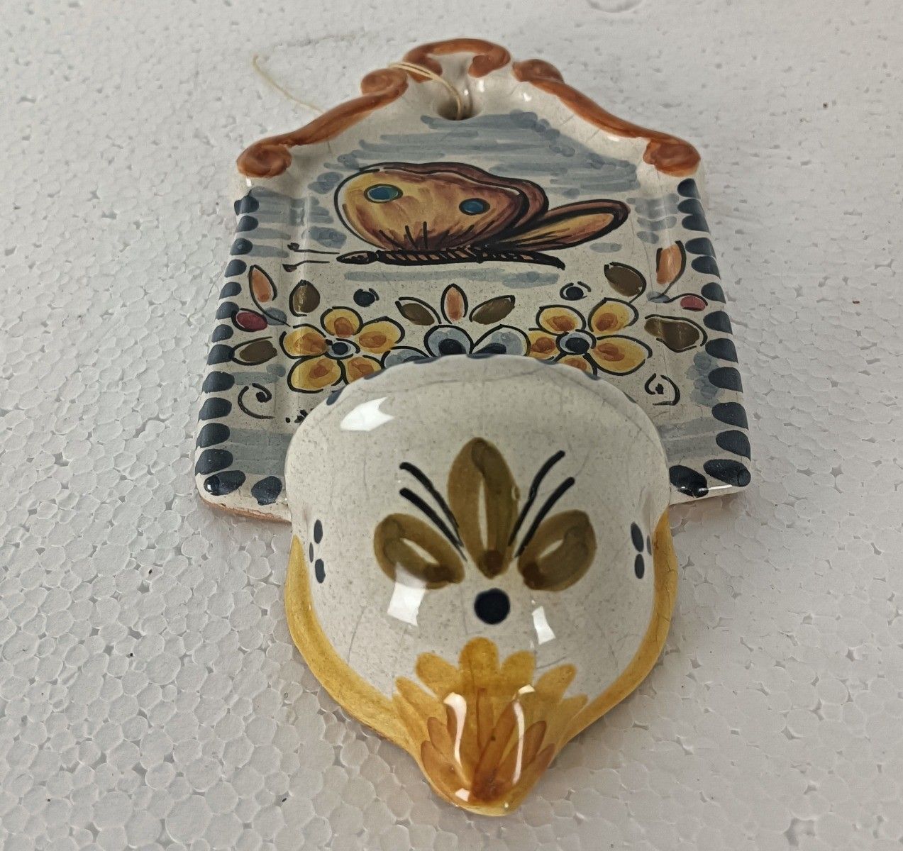 Vintage Polychrome Marife Holy Water Font Vessel Ceramic Butterfly Lovely Hand P photo vinterior