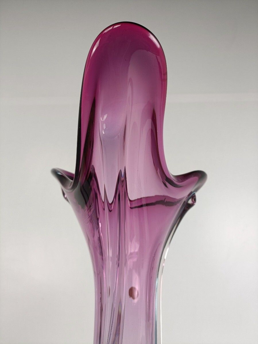 Italian Vintage Cranberry Blue Art Glass Vase Murano Style Swirled Beautiful photo vinterior