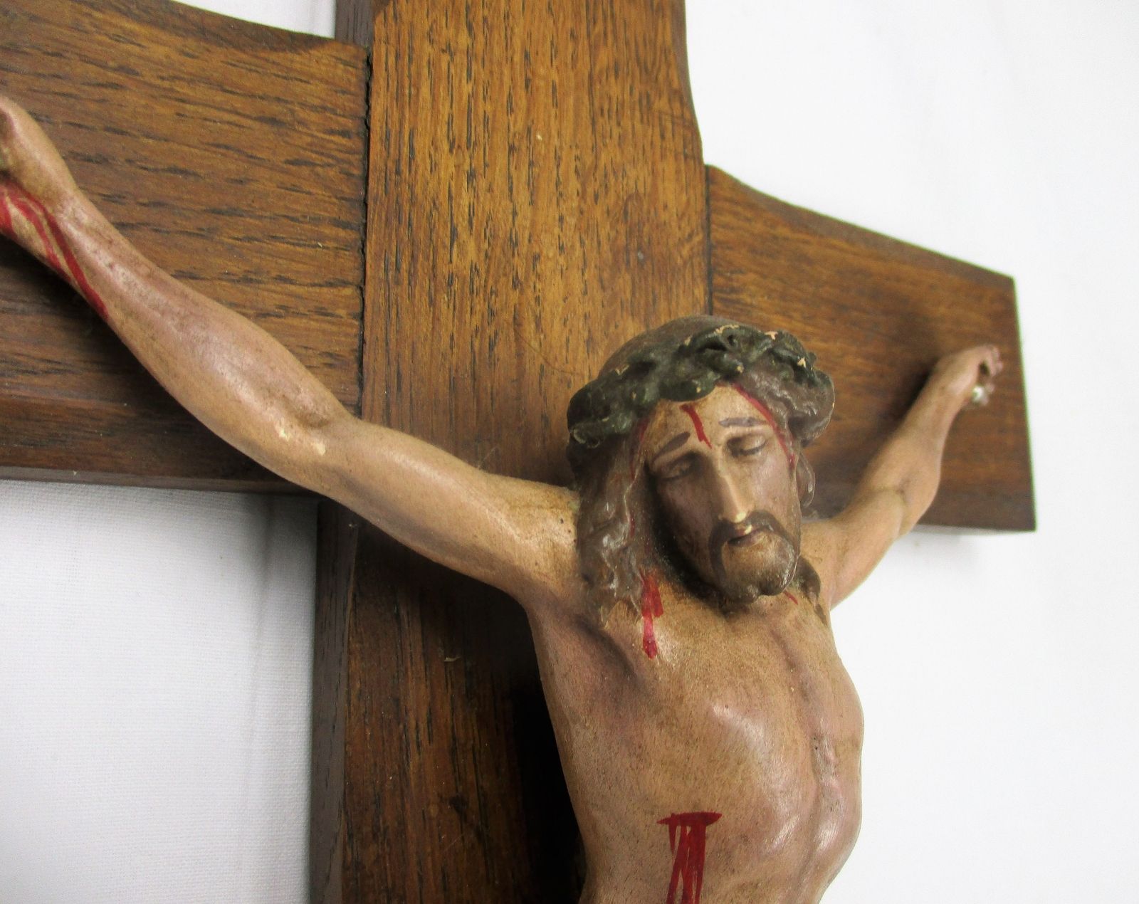Gorgeous Oak Hanging Crucifix Jesus Christ Plaster Sculpture Corpus Crucifixion photo Art
