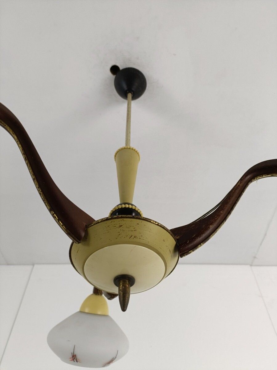 photo for sale Vintage 3 Arm Lights Chandelier Metal Wood Brass Pop Art Retro
