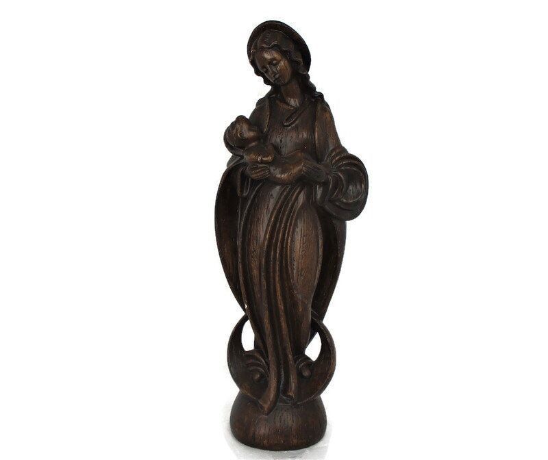 L Art Deco Virgin Mary Madonna Infant Child Plaster Statue Tenderness Lovely Chu