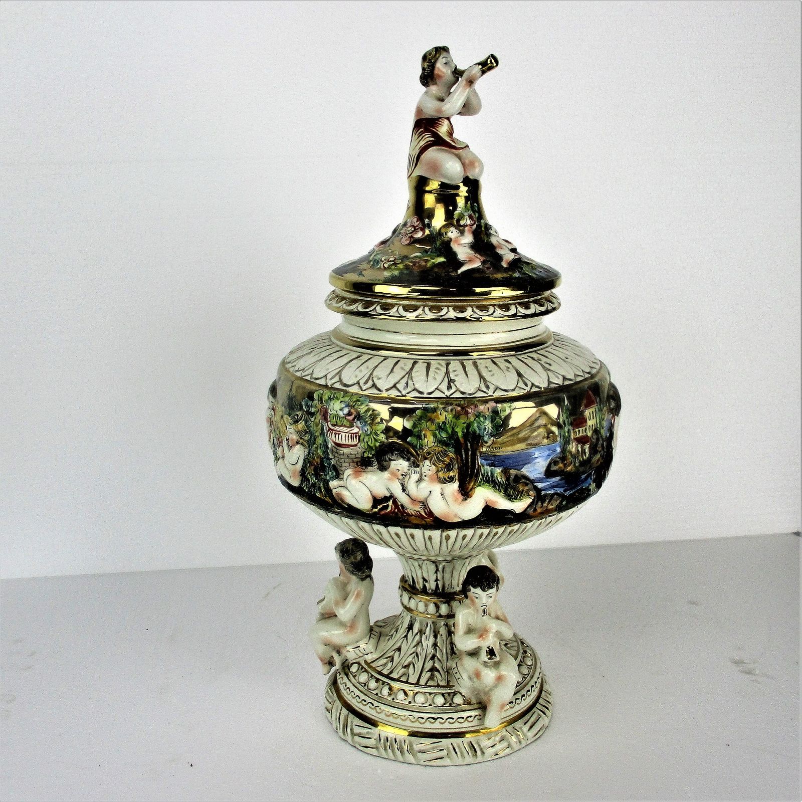 L Capodimonte Italian Centerpiece Bernini Putti Angels Woman Playing Flute Wow photo vintage