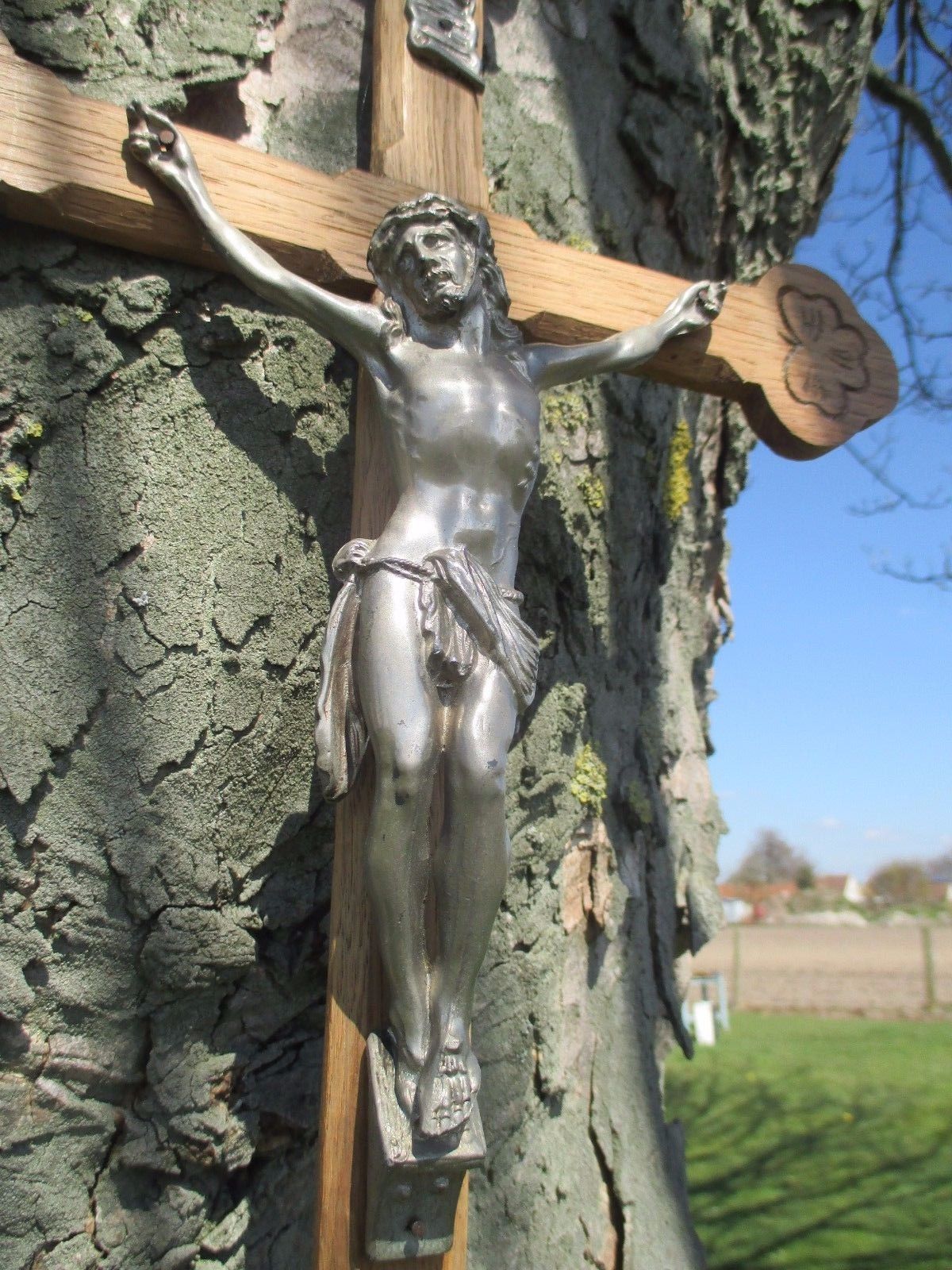 Vintage Carved Oak Hanging Crucifix Cross Jesus Christ Art Brass Corpus 23.42"