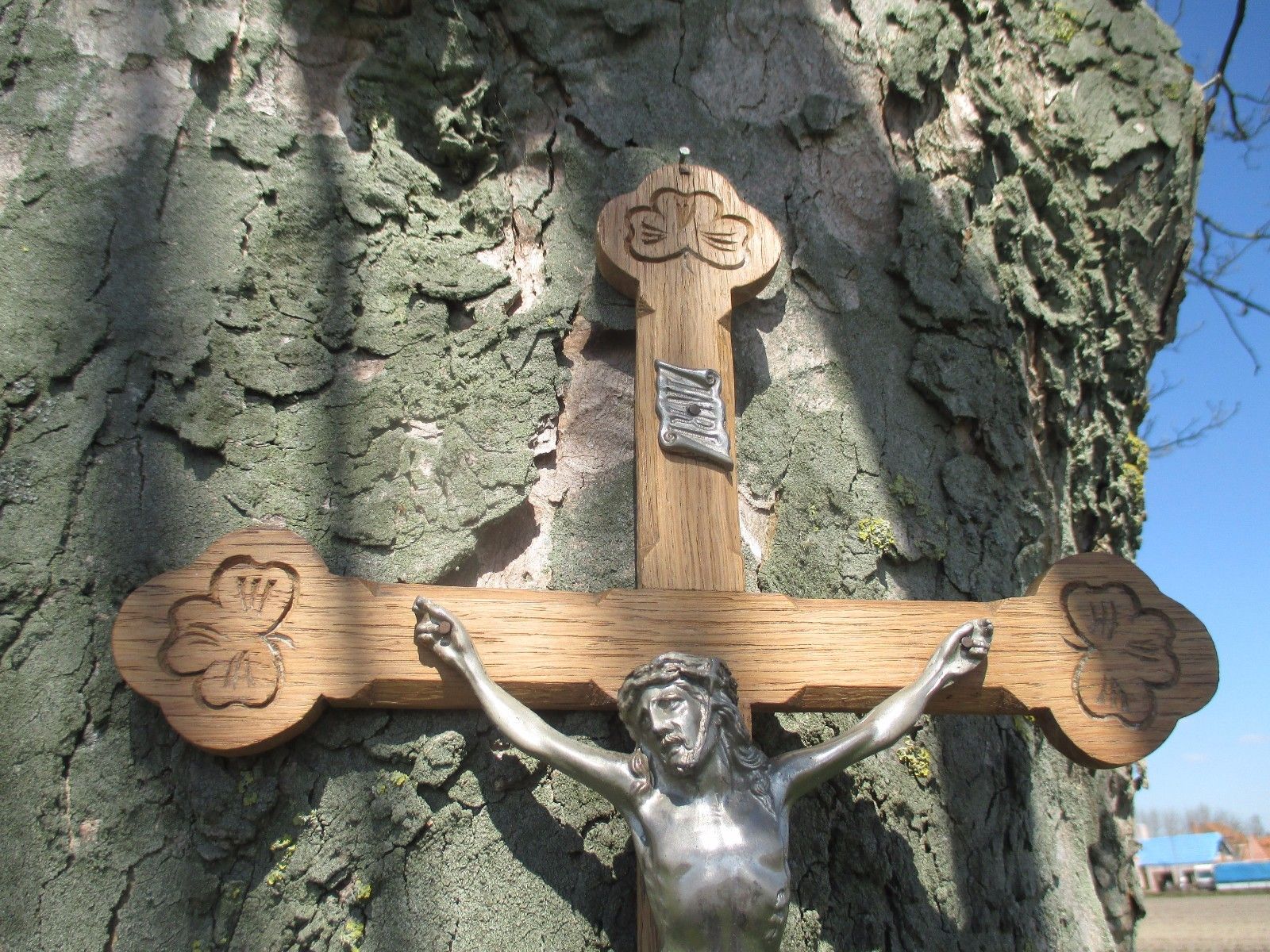 Vintage Carved Oak Hanging Crucifix Cross Jesus Christ Art Brass Corpus 23.42" photo Art