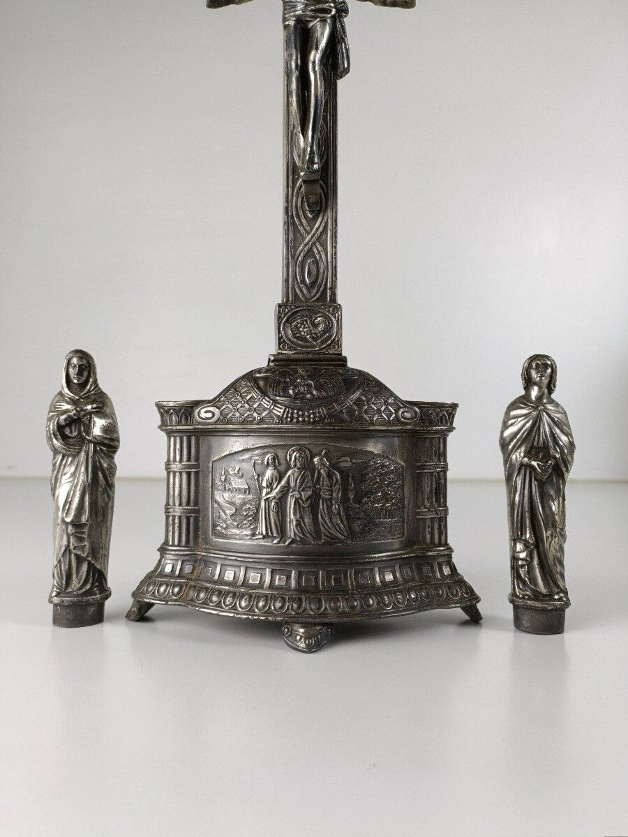 Standing Crucifix Cross Vintage Spelter Calvary Emmaus Goers Very Rare Crucifixi photo Home Decor