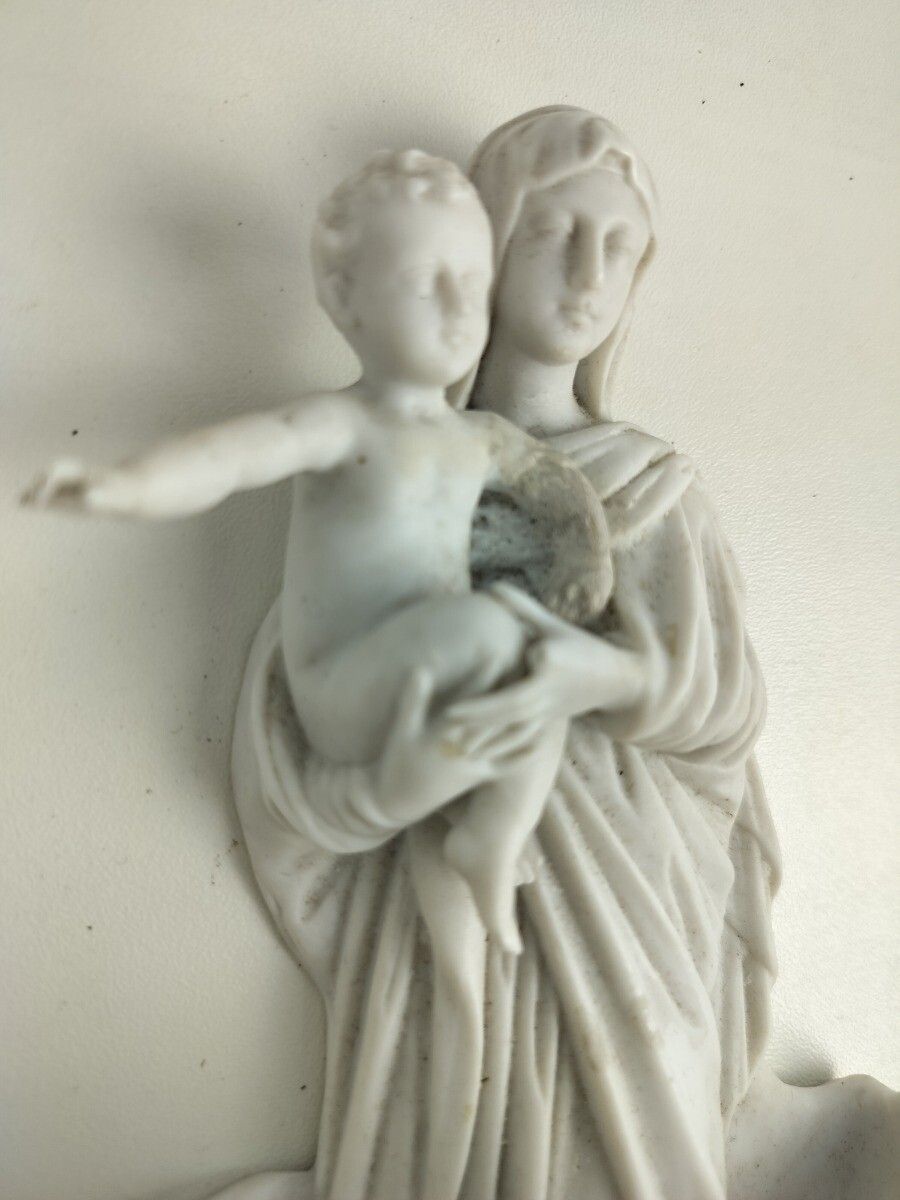 Gorgeous Antique Holy Water Font Vessel White Bisque Porcelain Madonna With Infa photo 121.0