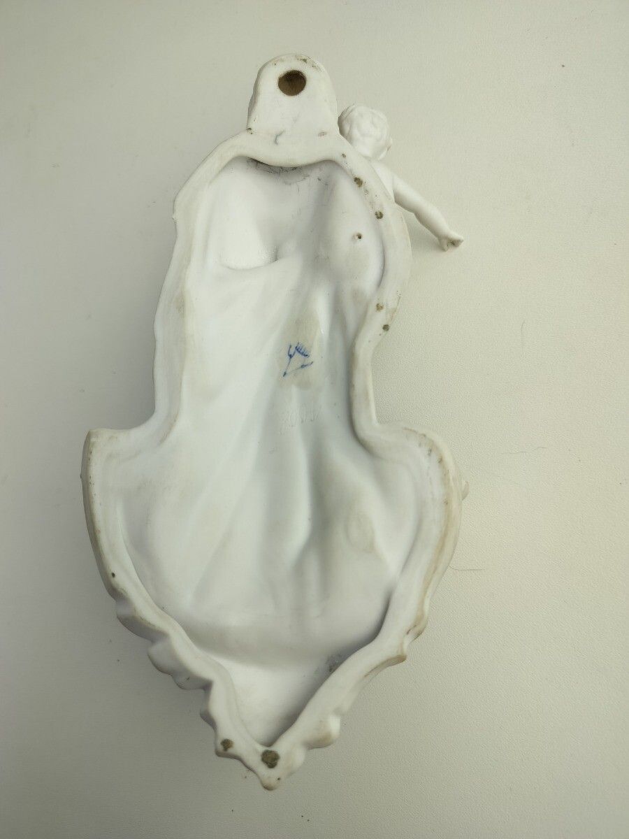 photo for sale Gorgeous Antique Holy Water Font Vessel White Bisque Porcelain Madonna With Infa