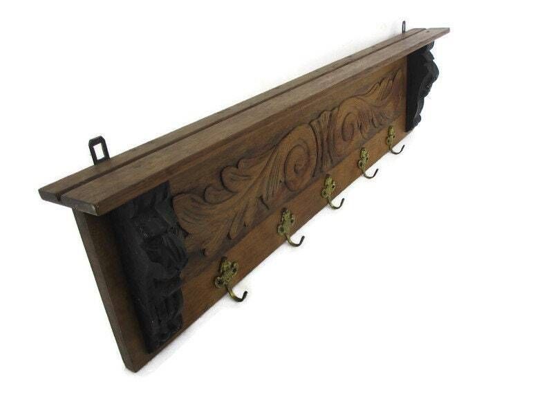 Hand Carved Wood Wall Shelf Coat Hat Kitchen Rack Lion Heads Two Toned 50s Mid C