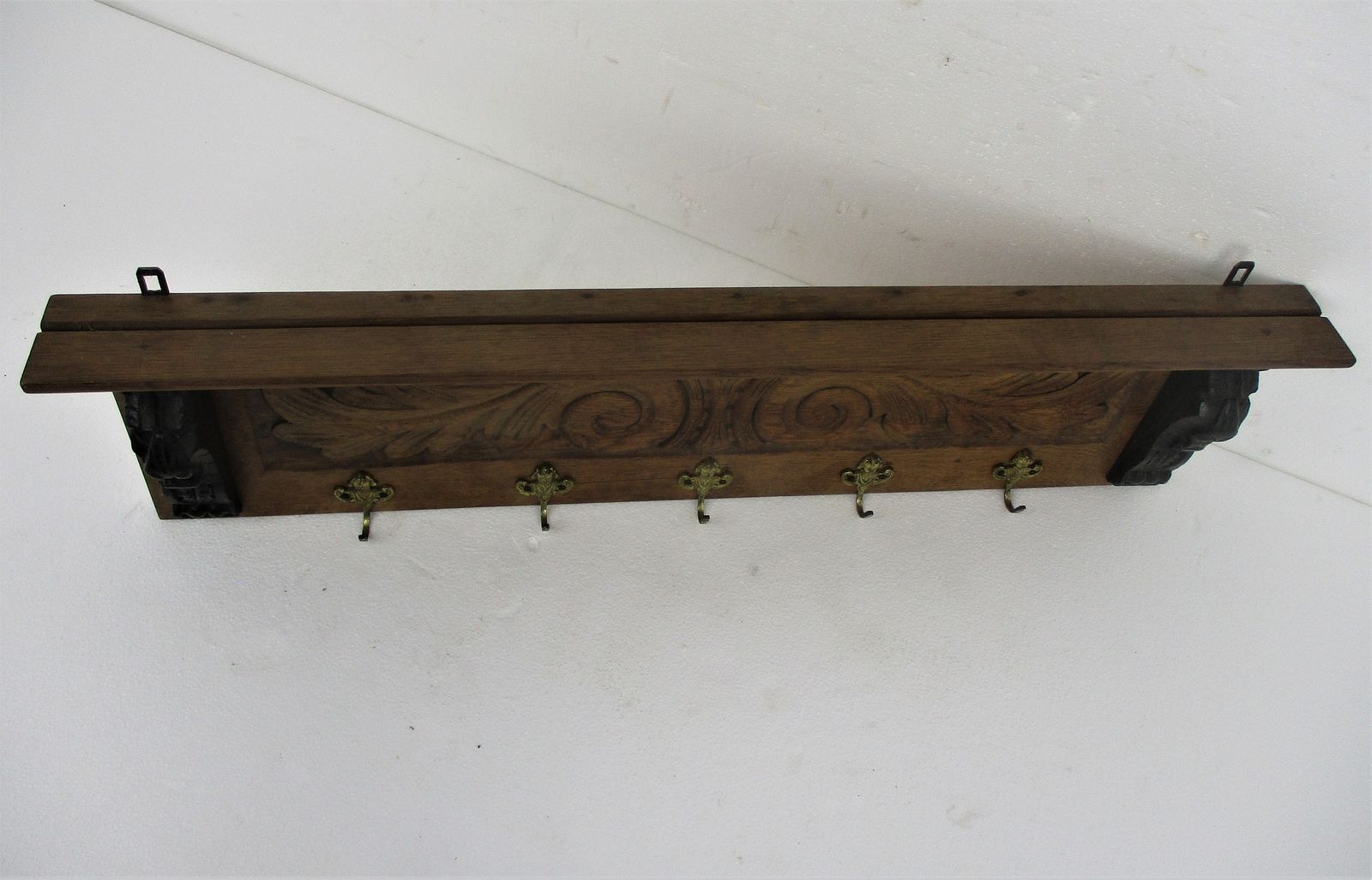 Hand Carved Wood Wall Shelf Coat Hat Kitchen Rack Lion Heads Two Toned 50s Mid C photo Furniture