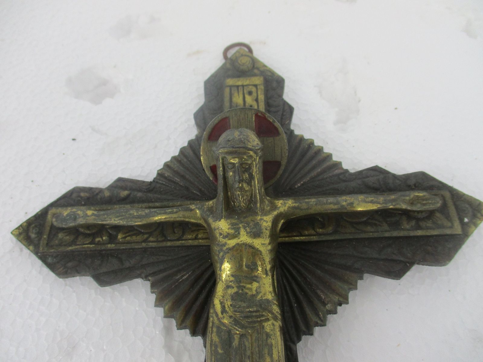 Lovely Vintage Ornate Brass Red Enamel Wall Hanging Crucifix French 11.41" photo furniture