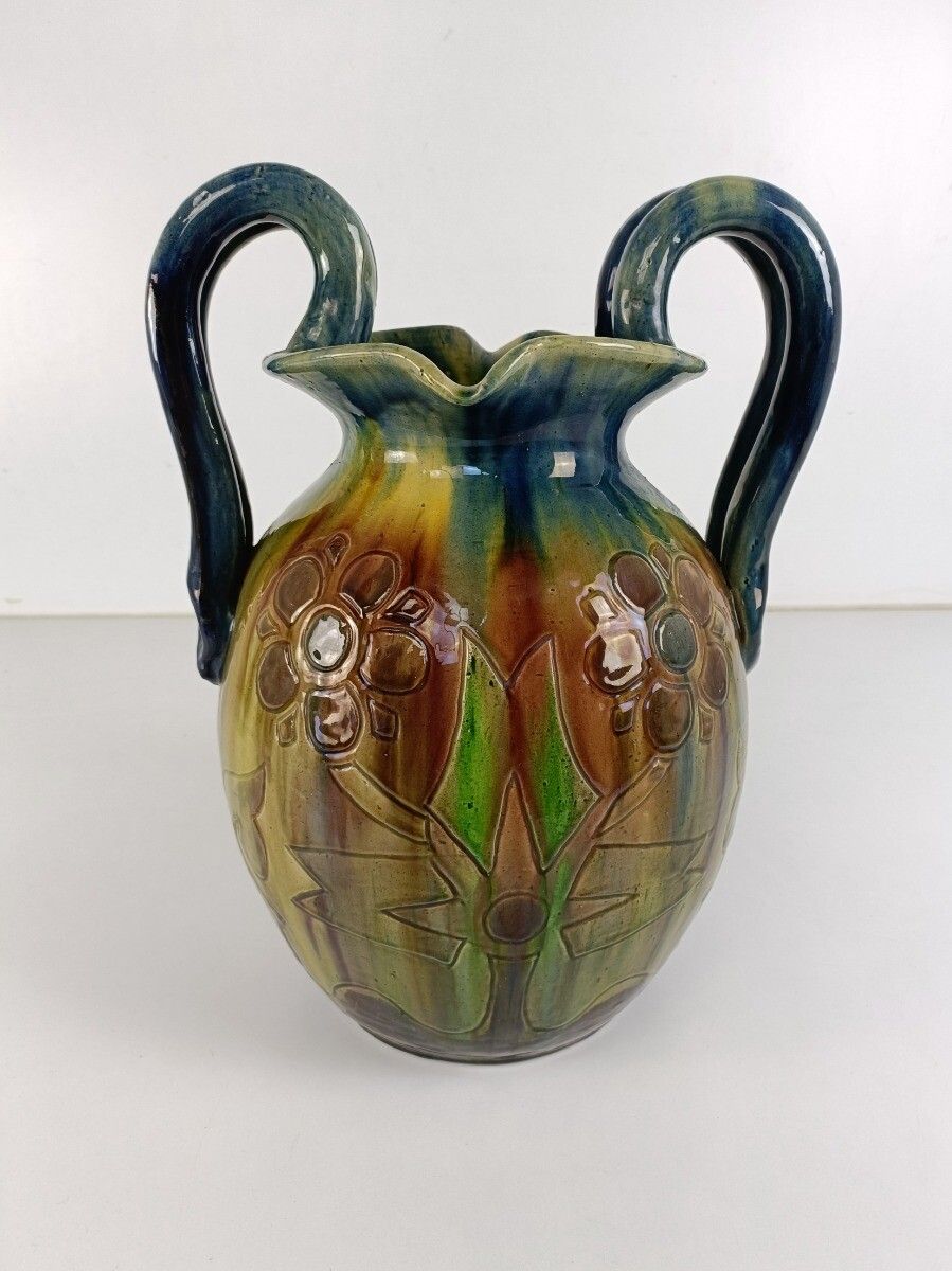 Antique Gorgeous Polychrome Pottery Faience De Flanders Vase Bruges Marked Xl photo vinterior