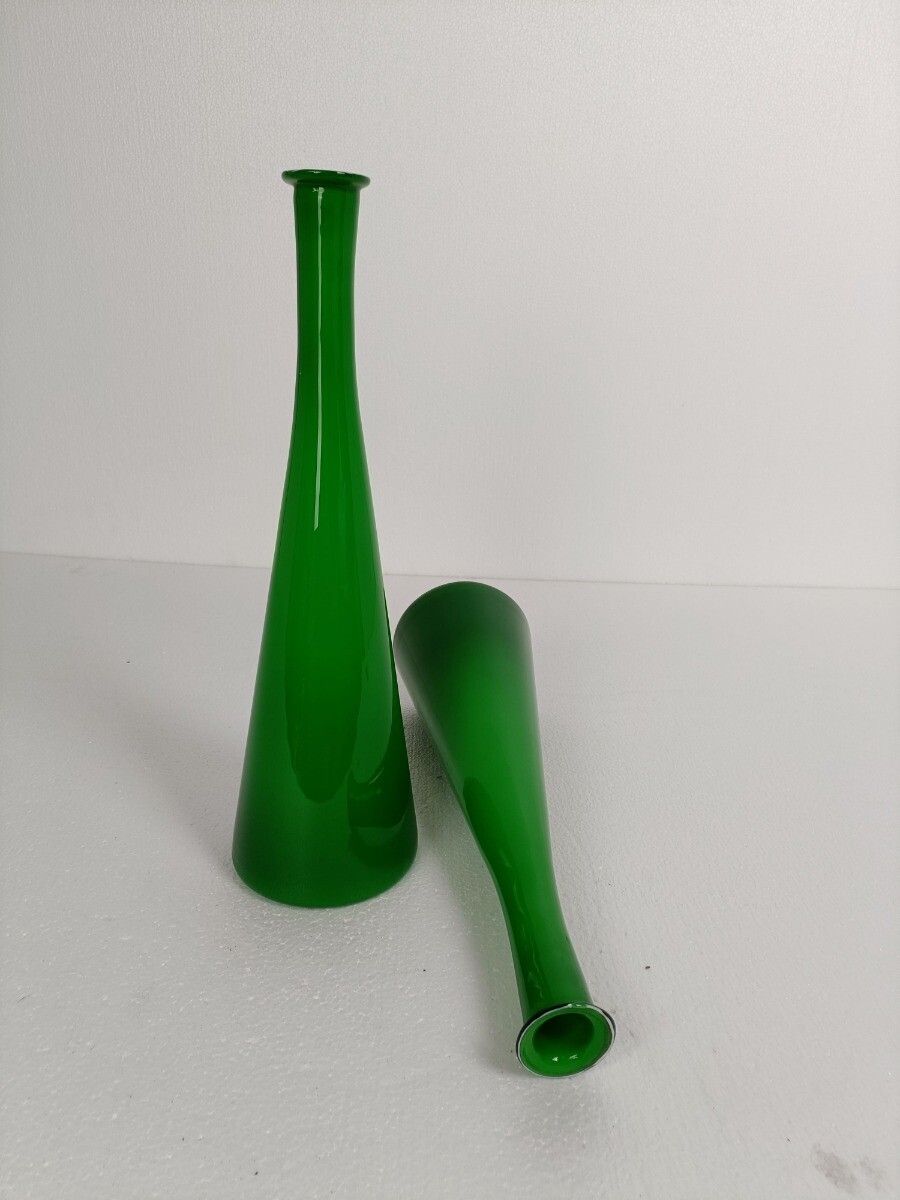 Holmegaard Denmark Cased Glass Bottles Vases Green White Collector Pair Marked photo Home Decor