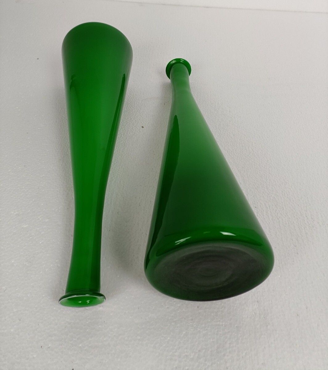 Holmegaard Denmark Cased Glass Bottles Vases Green White Collector Pair Marked photo 687.0