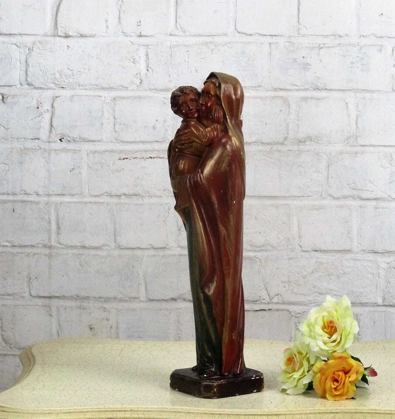 Polychrome Statue Madonna Holy Mother Virgin Mary Infant Child Tenderness 15.7&Q