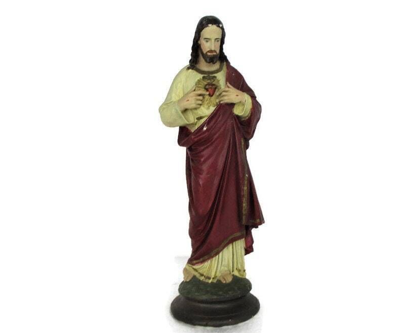 Antique Statue Jesus Christ Savior Sacred Heart Art Deco 1920s Plaster 15.74&Quo