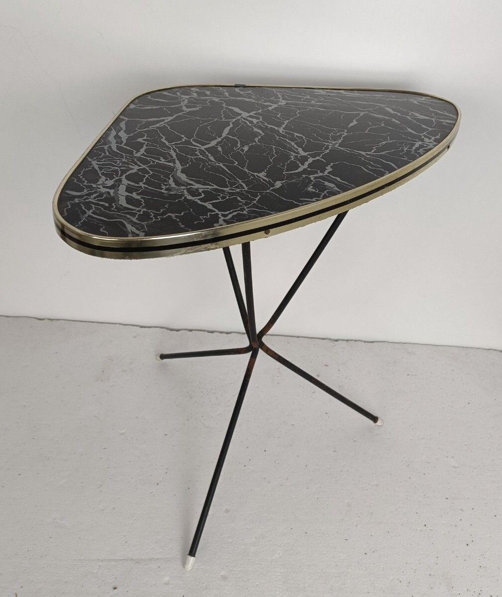 Lovely Small Side Occasional Table Iron  Legs Marble Look Top Modernist Vintage photo furniture