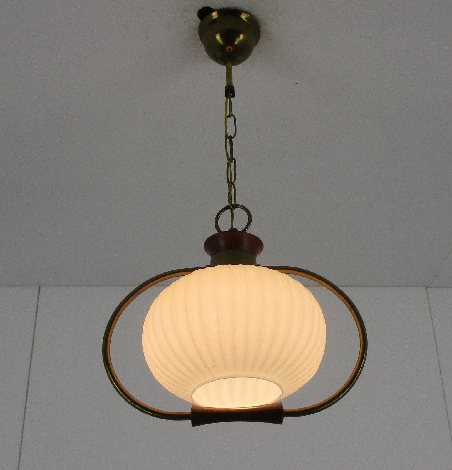 Danish Modern Chandelier Pendant Teak Brass Opaline Glass Atomic Louis Kalff photo for sale