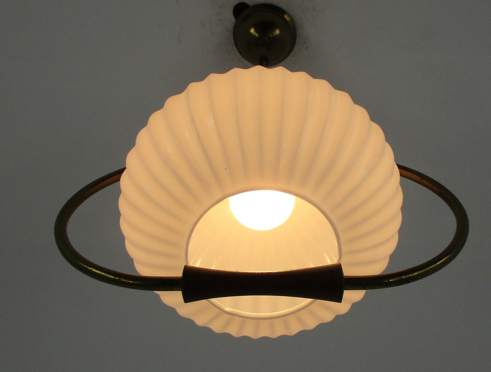 Danish Modern Chandelier Pendant Teak Brass Opaline Glass Atomic Louis Kalff photo buy