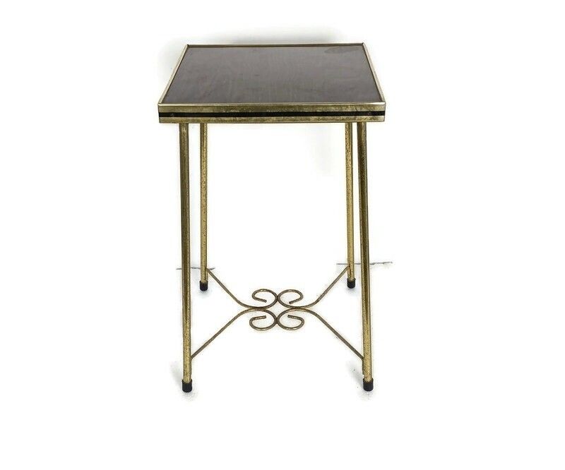 Lovely Small Side Occasional Table Brass Legs Veneer Top Modernist Vintage