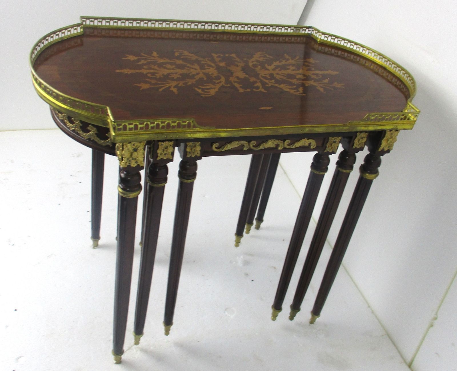 Set Of 3 Vintage Nesting Stacking Coffee Side Tables Brass Marquetry Italy Itali photo for sale