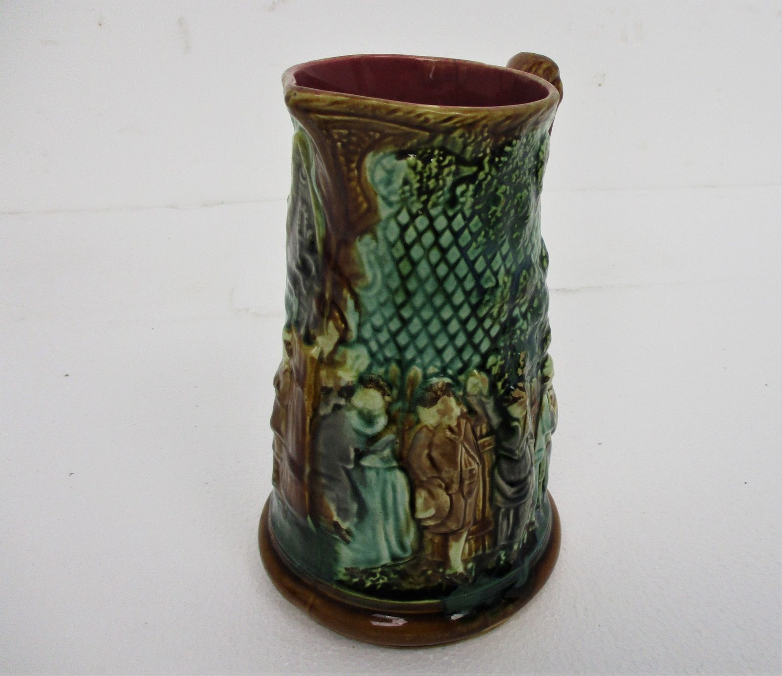 Antique Barbotine Majolica French Tavern Pitcher Wonderful Scenes photo for sale
