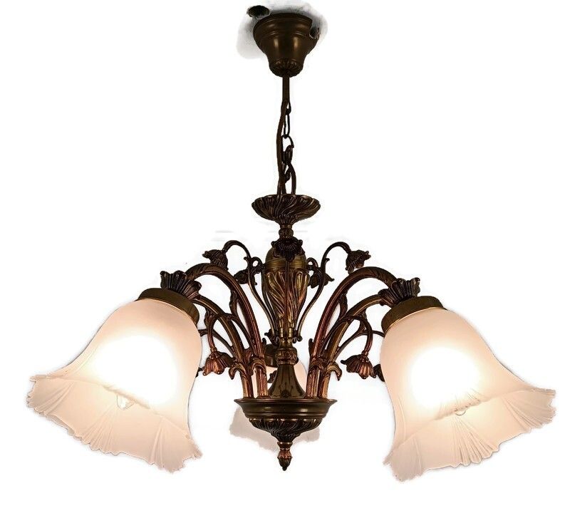 Chandelier Vintage France Frosted Glass Shades Brass Ornate Tulip Flower Shaped
