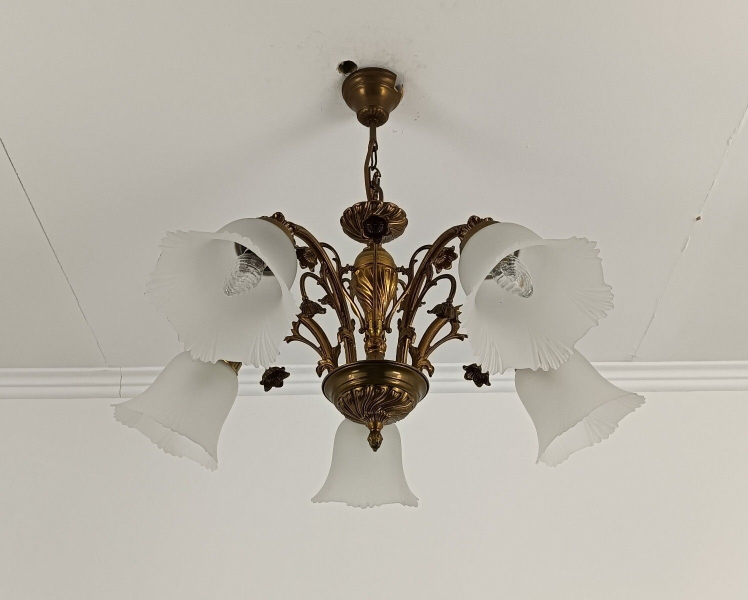 Chandelier Vintage France Frosted Glass Shades Brass Ornate Tulip Flower Shaped photo Lighting