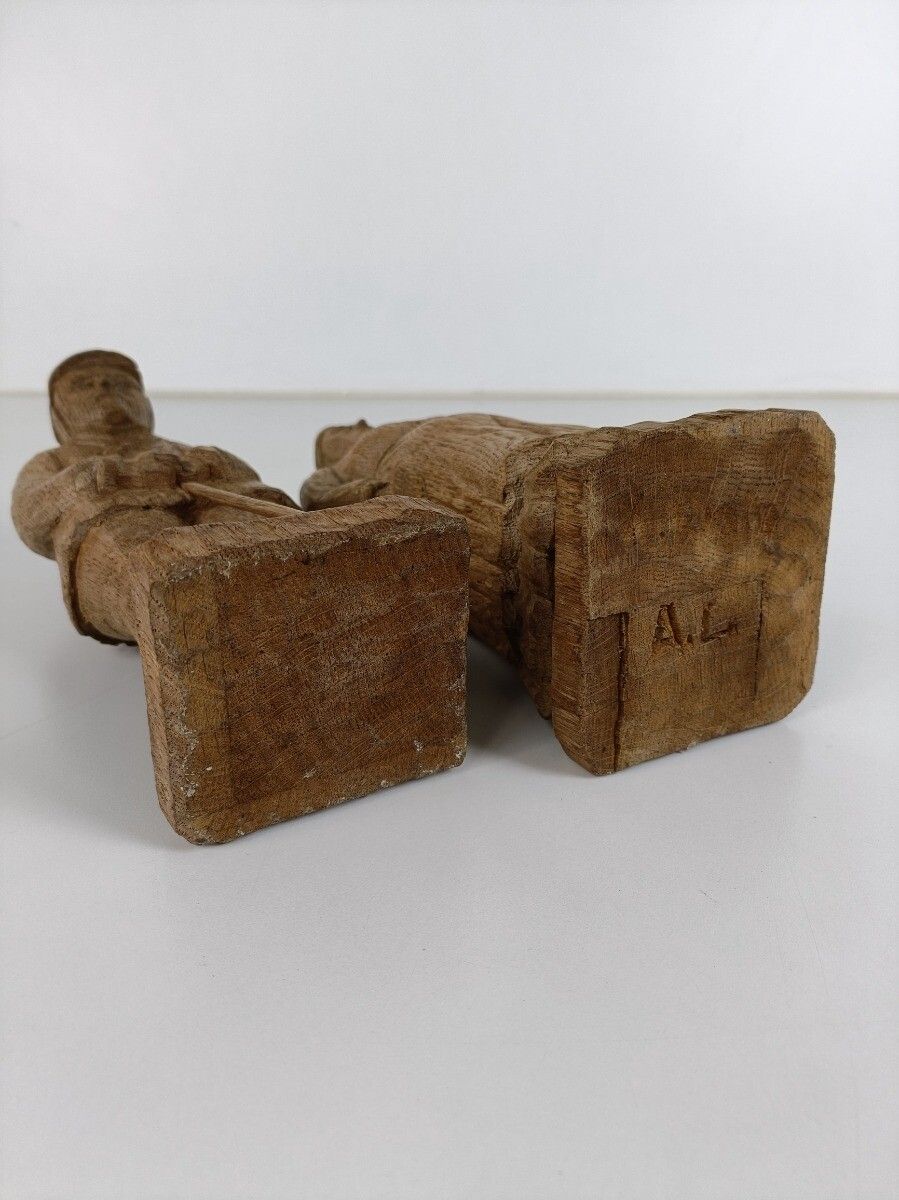 Hand Carved Sculptures Figurines Wood Oak Bruges Folk Art Signed A.L. Couple Man photo buy