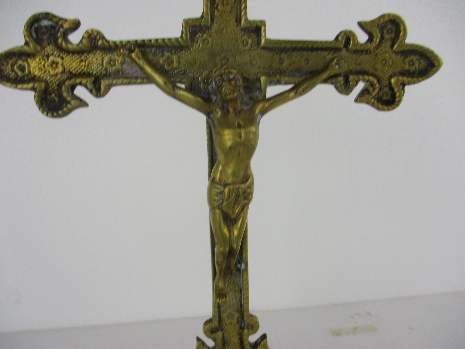 Antique Brass  Jesus Christ Standing Table Cross Crucifix Ornate Art Deco French photo for sale