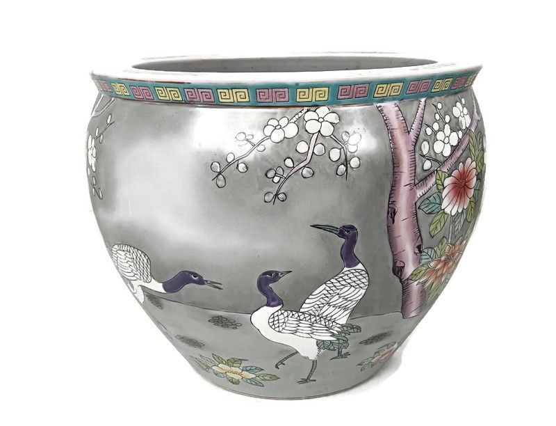 Vintage Chinese Porcelain Koi Fish Bowl Planter Vase Cachepot Flower Pot Shades