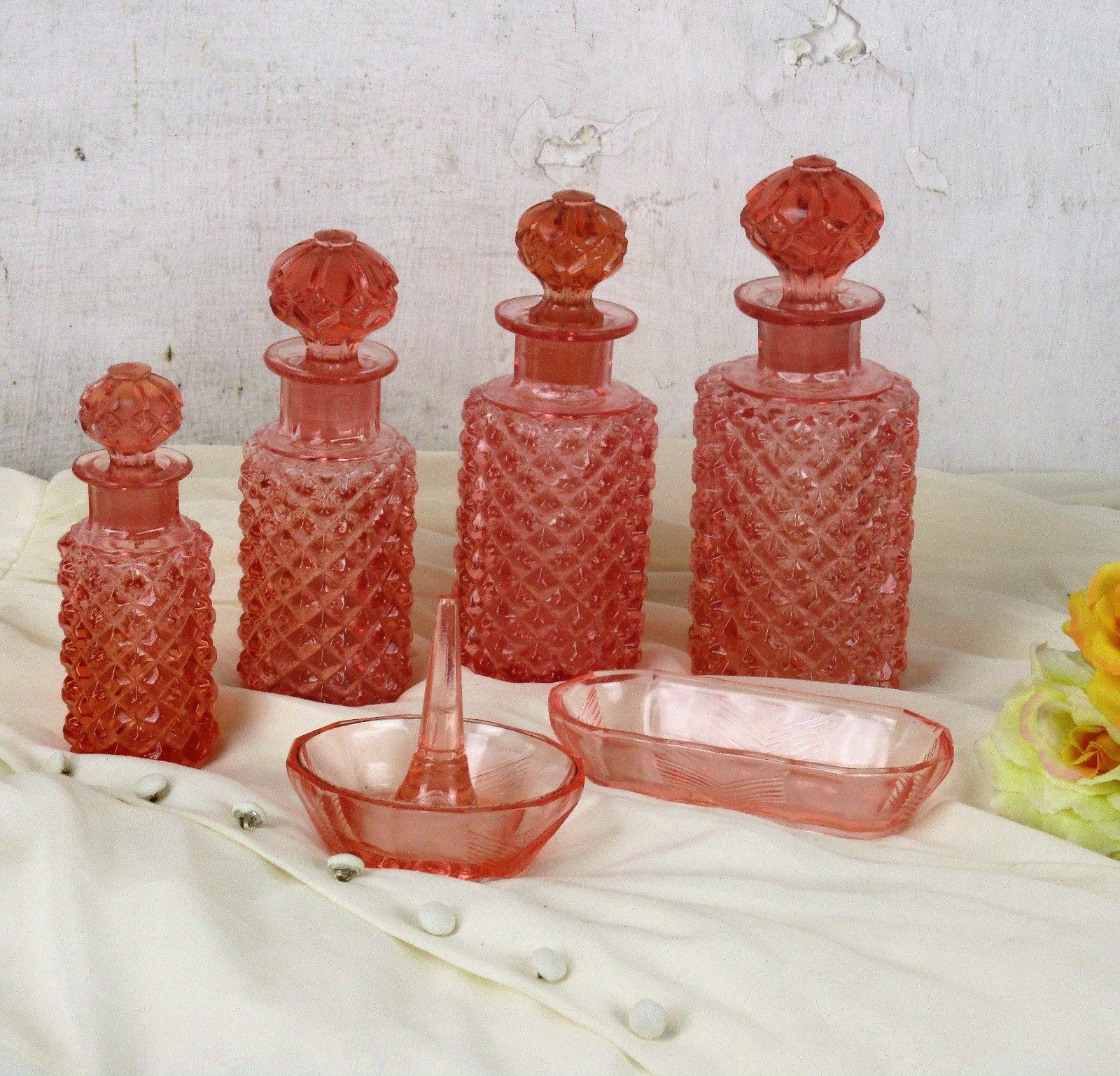 Vanity Dresser Set Depression Glass Pink Bottle Ring Holder 6 Pieces photo for sale