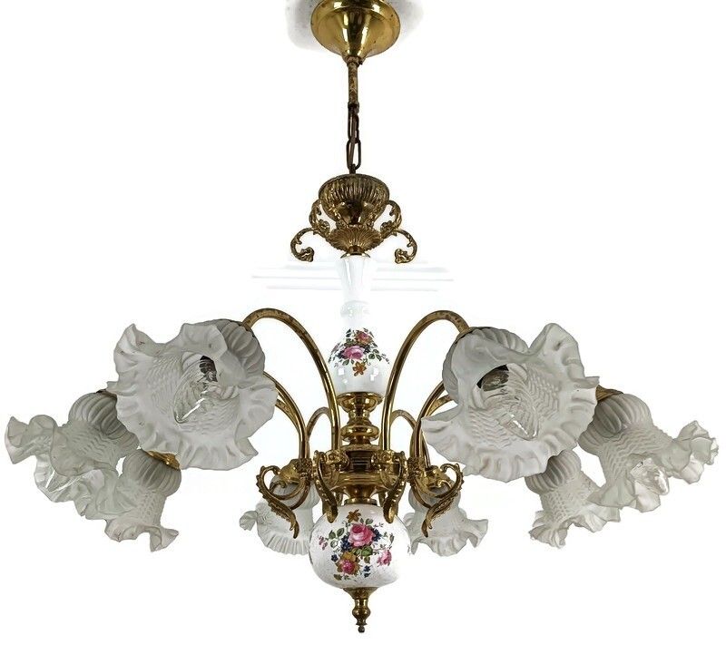 Chandelier Italian Italy Porcelain Tulip Shades Glass Brass 8 Lights Vintage Rom