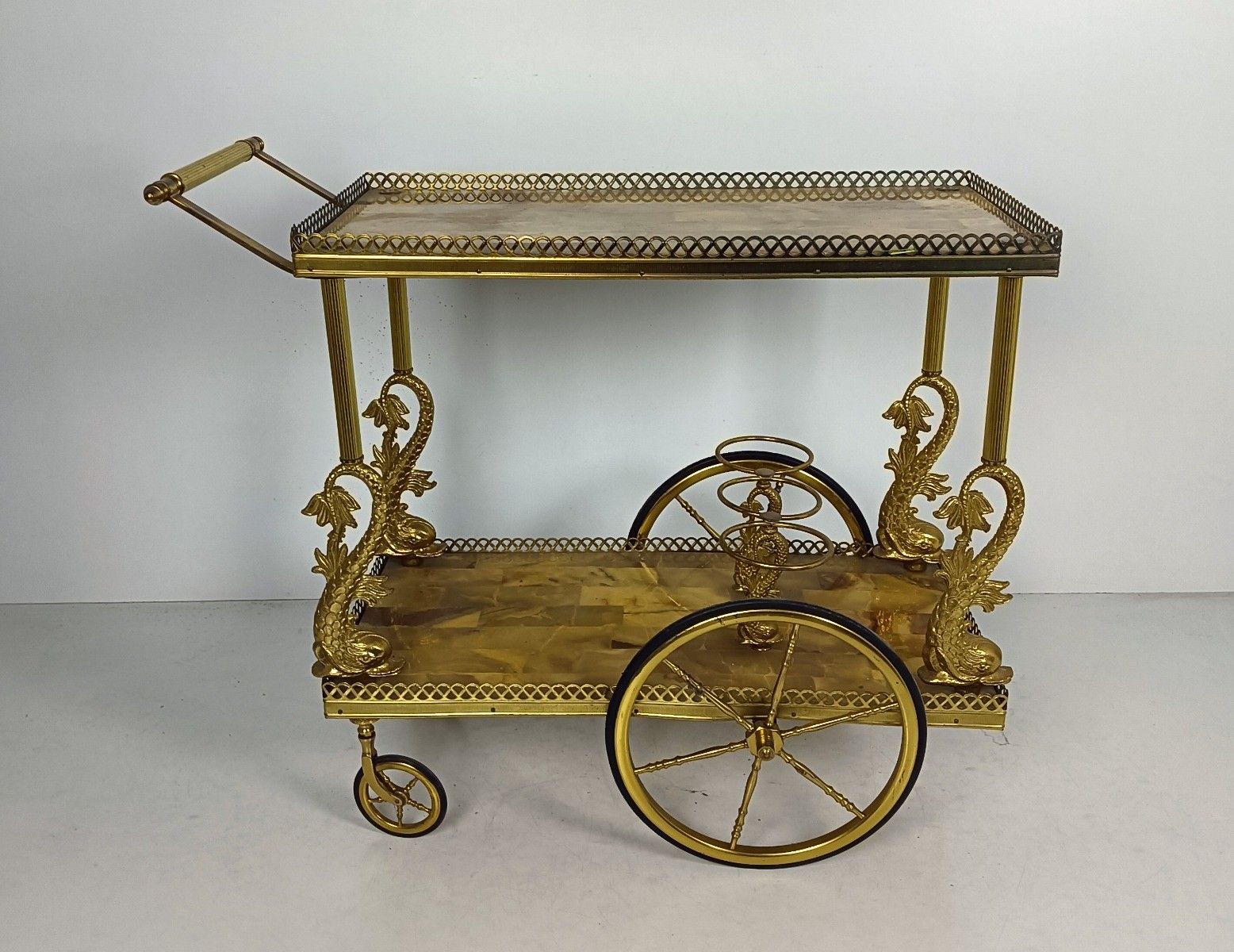 Bar Cart Hollywood Regency  Marble Tops Vintage Brass Fish 2 Tier Serving Cart, photo vintage