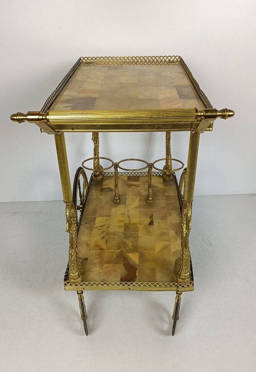 Furniture Bar Cart Hollywood Regency  Marble Tops Vintage Brass Fish 2 Tier Serving Cart, photo