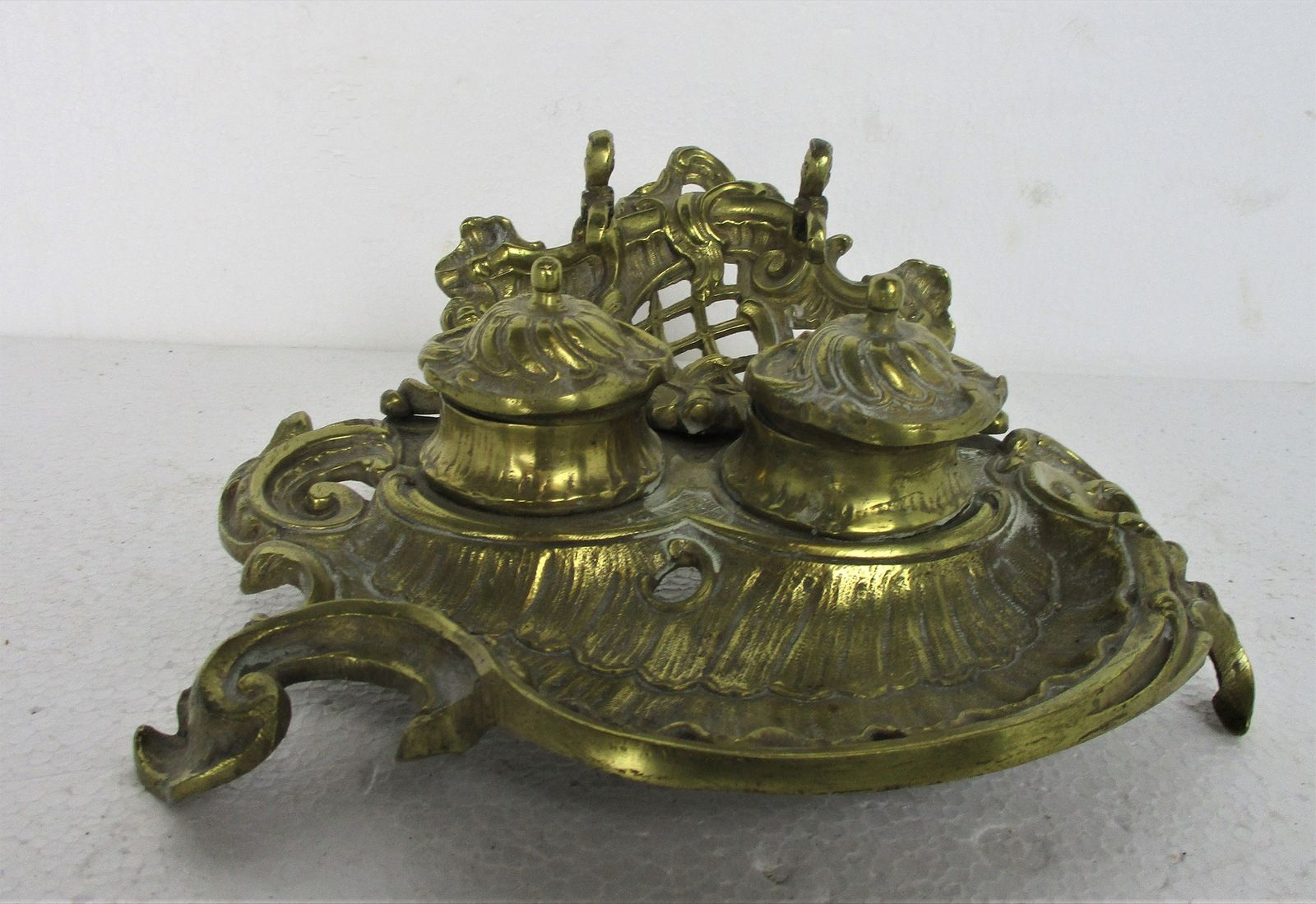 Gorgeous Antique Brass Double Inkwell Ornate Pen Holder photo furniture