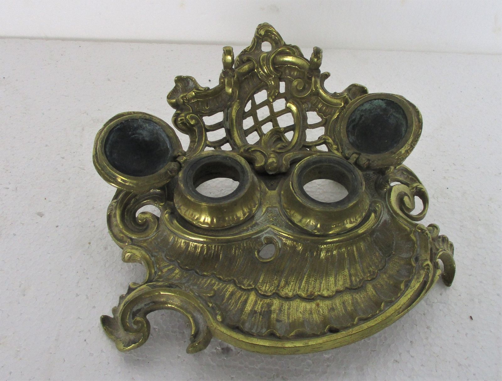 Gorgeous Antique Brass Double Inkwell Ornate Pen Holder photo vinterior
