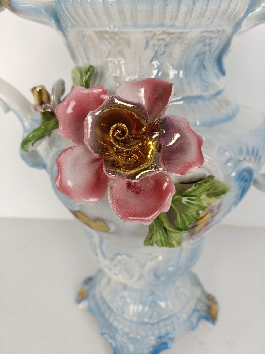 Gorgeous Large Italian Vase Applied Flowers Capodimonte Style Italy Baroque photo for sale