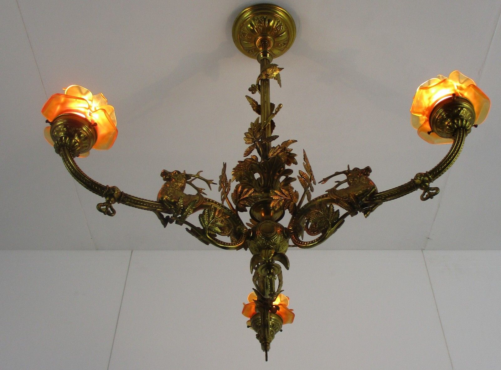 French Impressive Chandelier Bronze Doré 3 Lights Arm Ornate Deer Glass Shade photo for sale